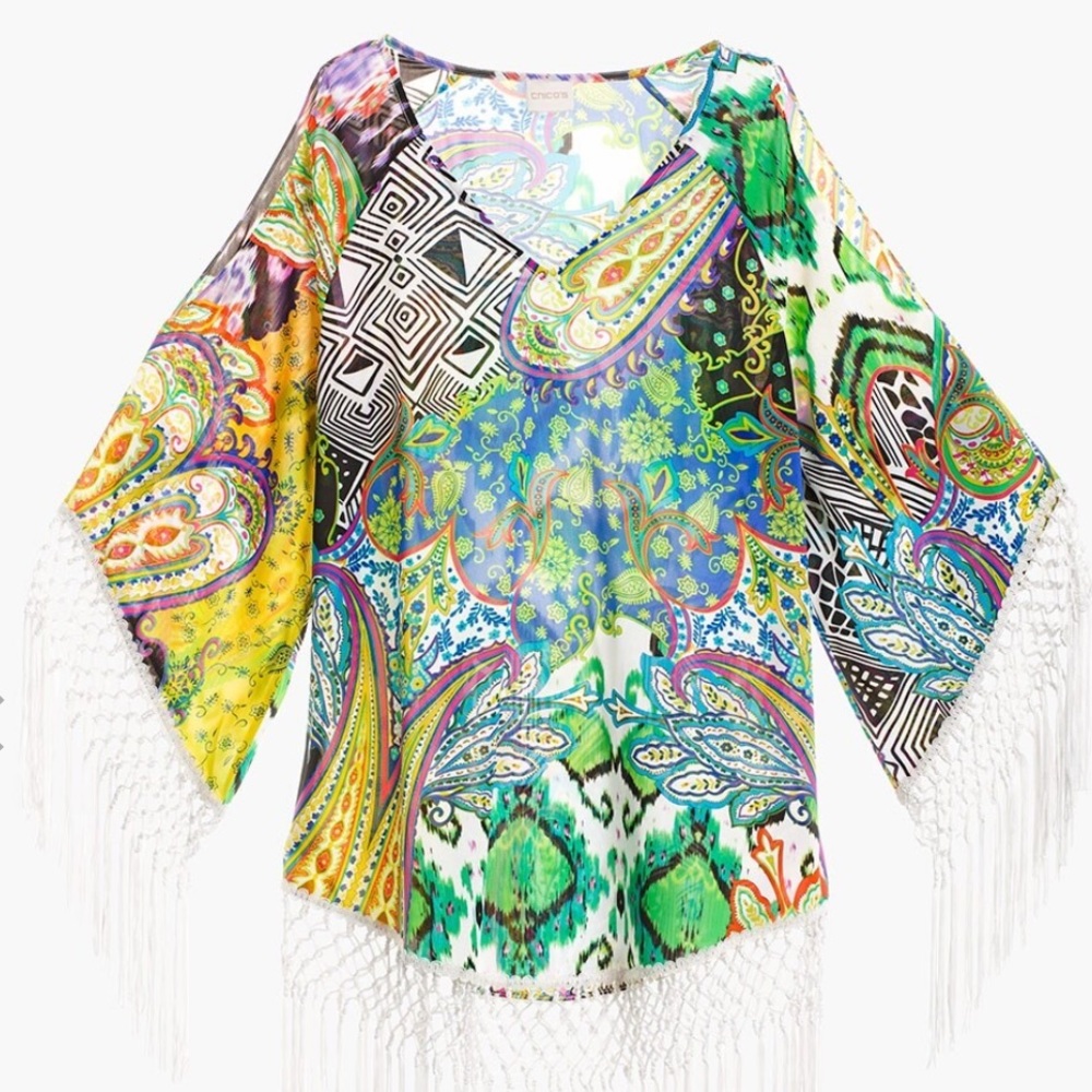 Chico’s Tunic Top Traveler Fringe Colorful Size 1 (size 8-10)